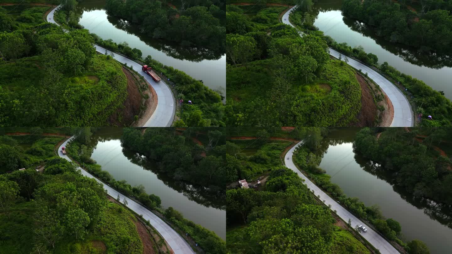 大货车湖边公路驾驶鸟瞰