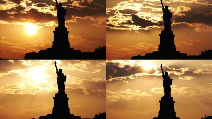 日出中的美国自由女神像