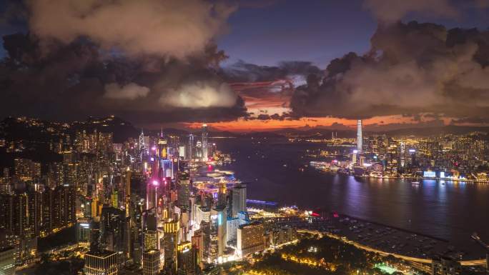中国香港城市夜景航拍4K延时
