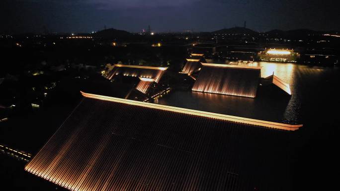 航拍上海松江广富林文化遗址建筑灯光夜景