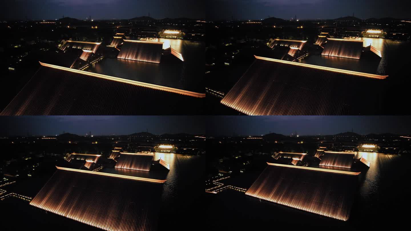 航拍上海松江广富林文化遗址建筑灯光夜景
