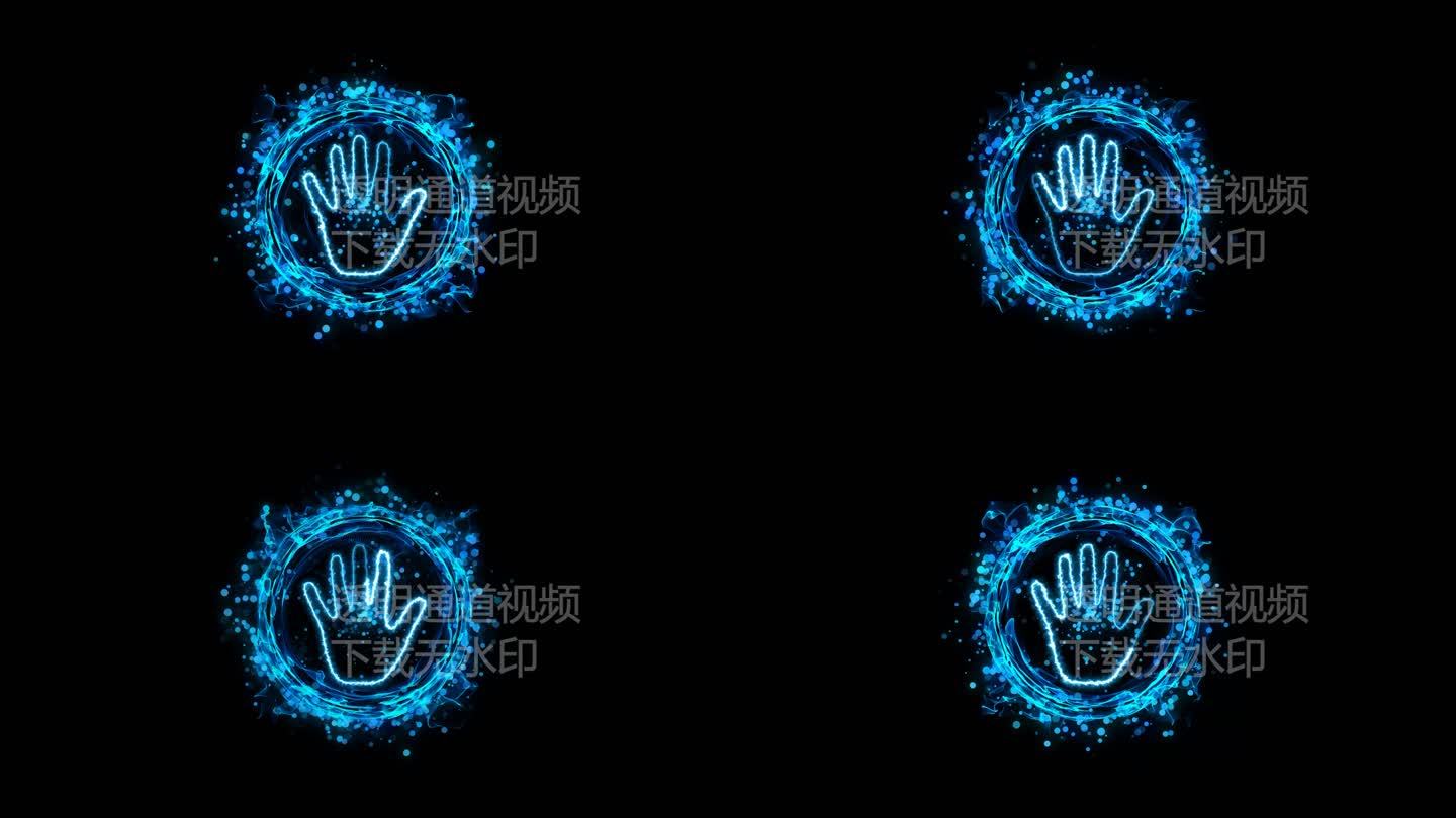 4K蓝色粒子能量圈手掌印通道视频-循环
