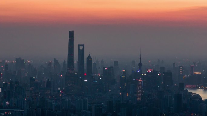上海城市风光长焦航拍日落延时