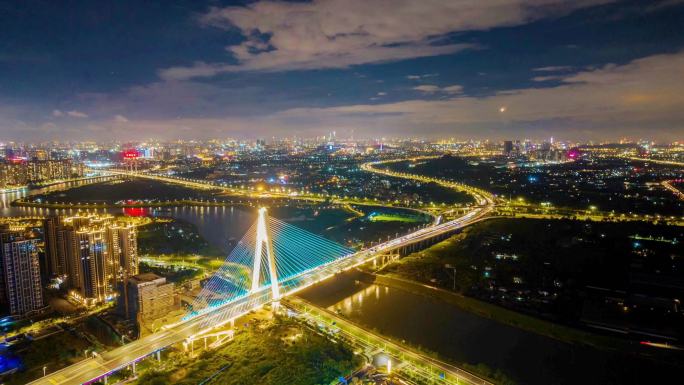 佛山地标三龙湾大道夜景马路航拍延时