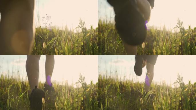 逆光奔跑脚步特写登山素材一路狂奔草地跑步