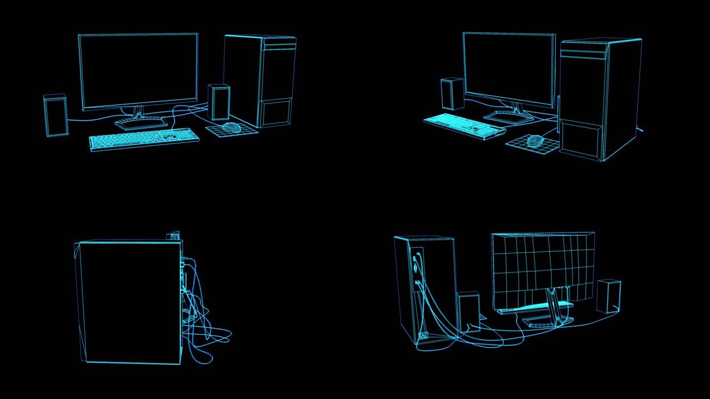 4K蓝色全息线框科技台式电脑素材带通道