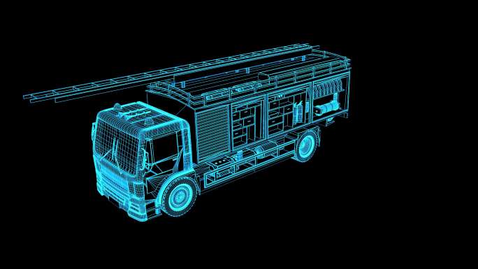 4K蓝色全息线框科技消防车素材带通道