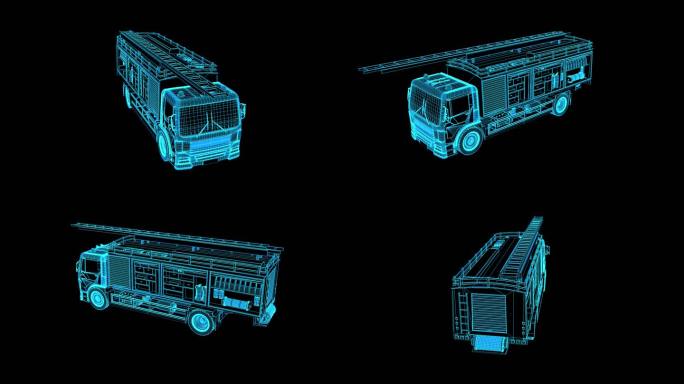 4K蓝色全息线框科技消防车素材带通道