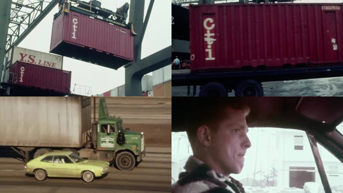 60年代集装箱码头装载港口货柜车货车