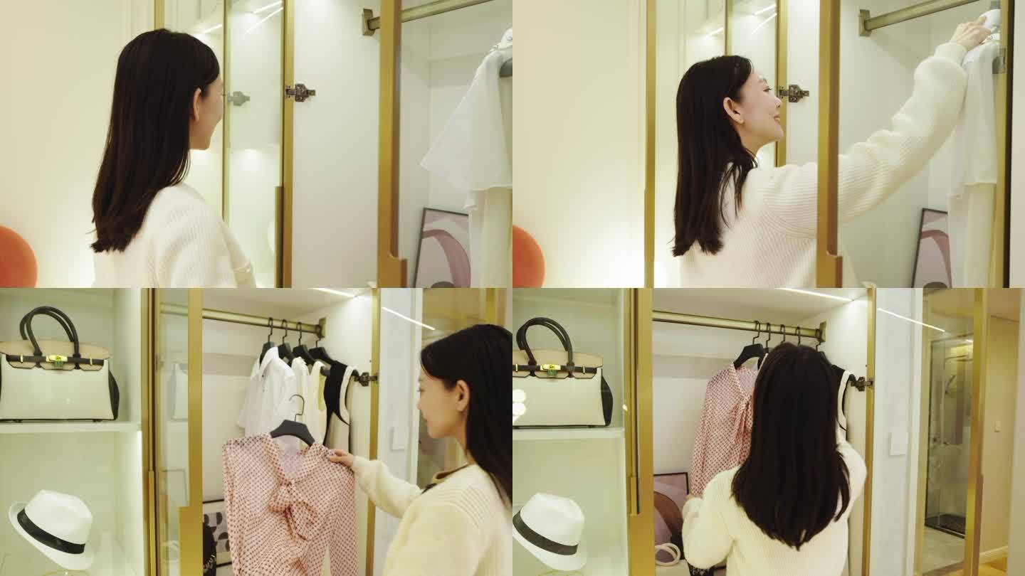 女人在衣帽间选衣服地产广告实拍