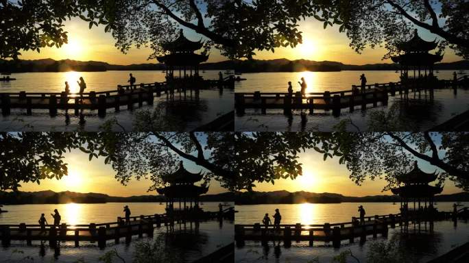 杭州西湖长桥公园落日美景