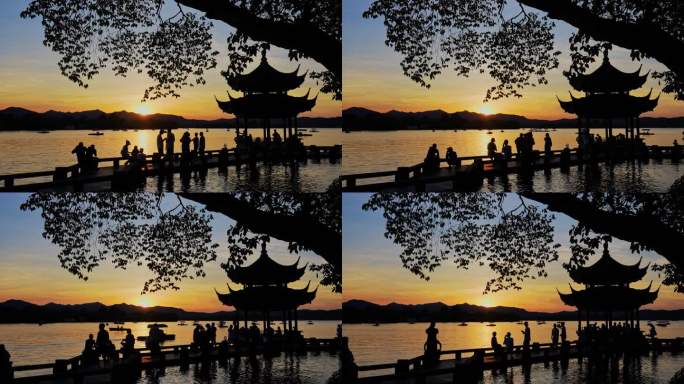 杭州西湖长桥公园落日美景