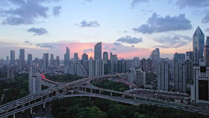 上海日落风光航拍延安路高架路与南北高架路