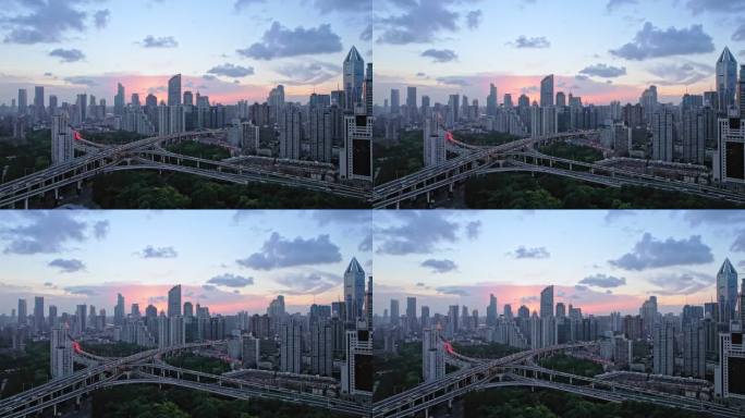 上海日落风光航拍延安路高架路与南北高架路