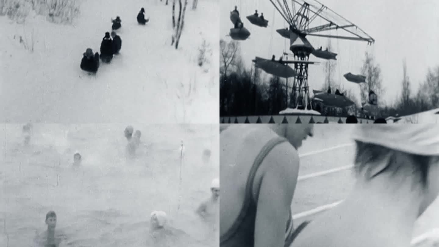 60年代滑雪雪景游乐设施冬泳
