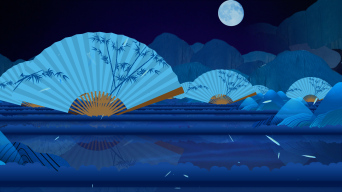 蓝色梦幻扇子竹叶走秀舞台场景背景音乐素材视频素材