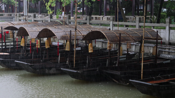 雨天东涌水乡古镇风景写意空镜