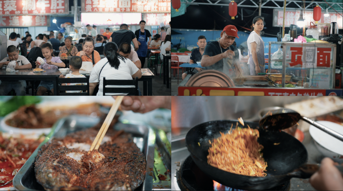 夜市大排档人流小吃外卖烧烤肉地摊宵夜美食