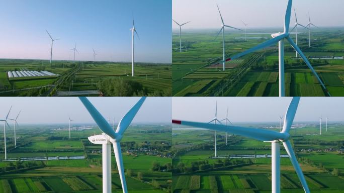 风能发电农田里的风机航拍4K