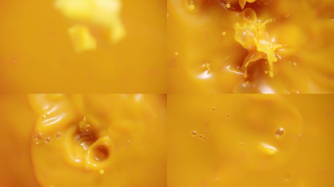 芒果粒落入芒果汁慢镜头