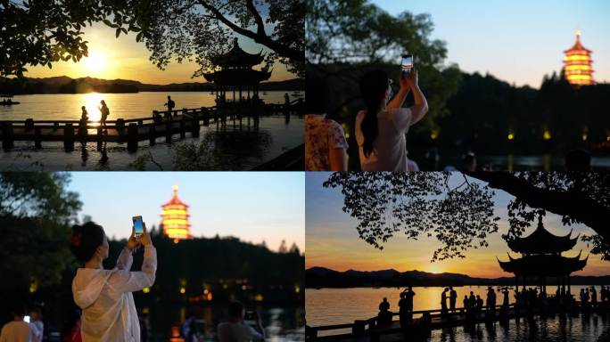杭州西湖长桥公园落日美景多镜头