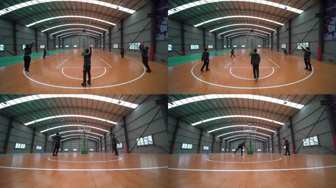 男生在木地板篮球馆内分身投篮特效运动篮球