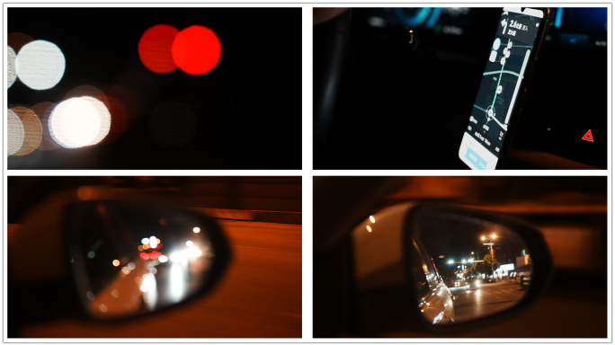 夜晚行车导航红绿灯后视镜光斑