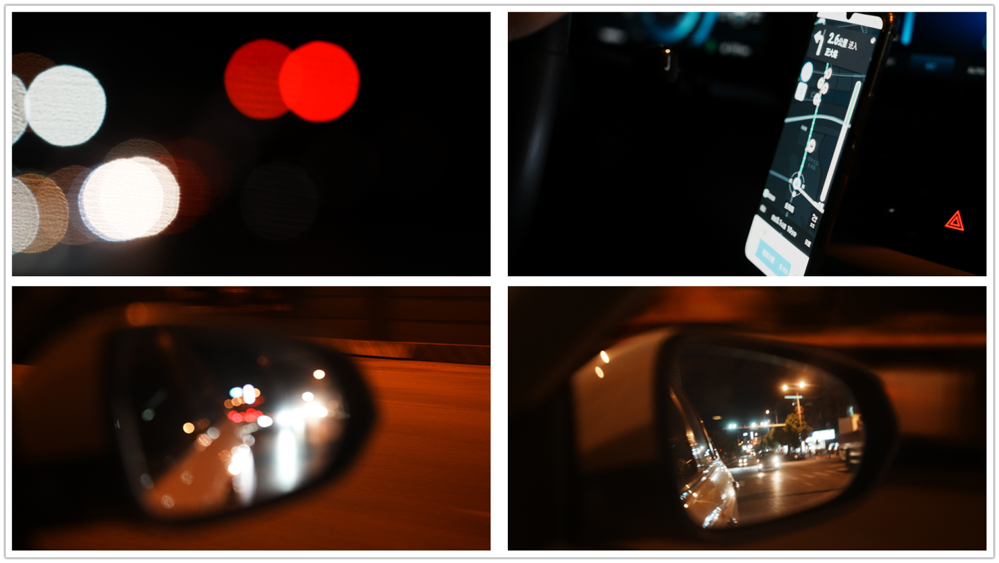 夜晚行车导航红绿灯后视镜光斑