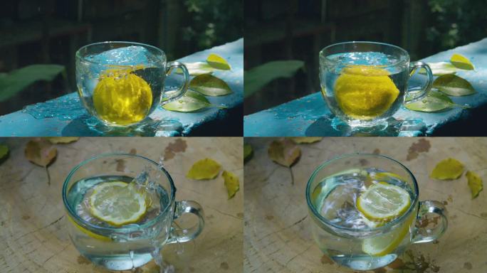 柠檬掉入水杯柠檬片广告风夏日清凉新鲜水果