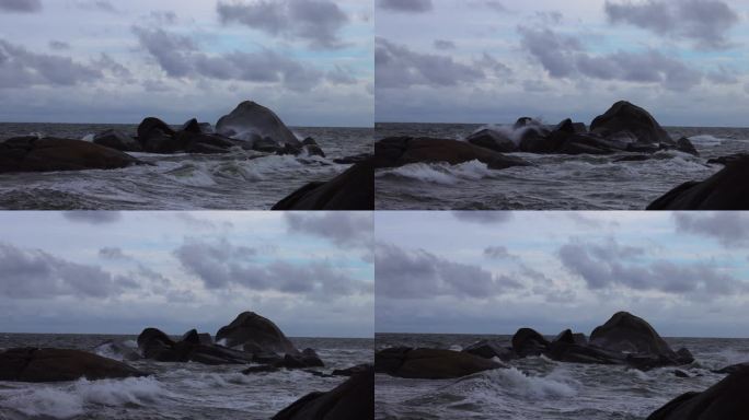 海浪浪花飞溅拍打礁石波涛汹涌