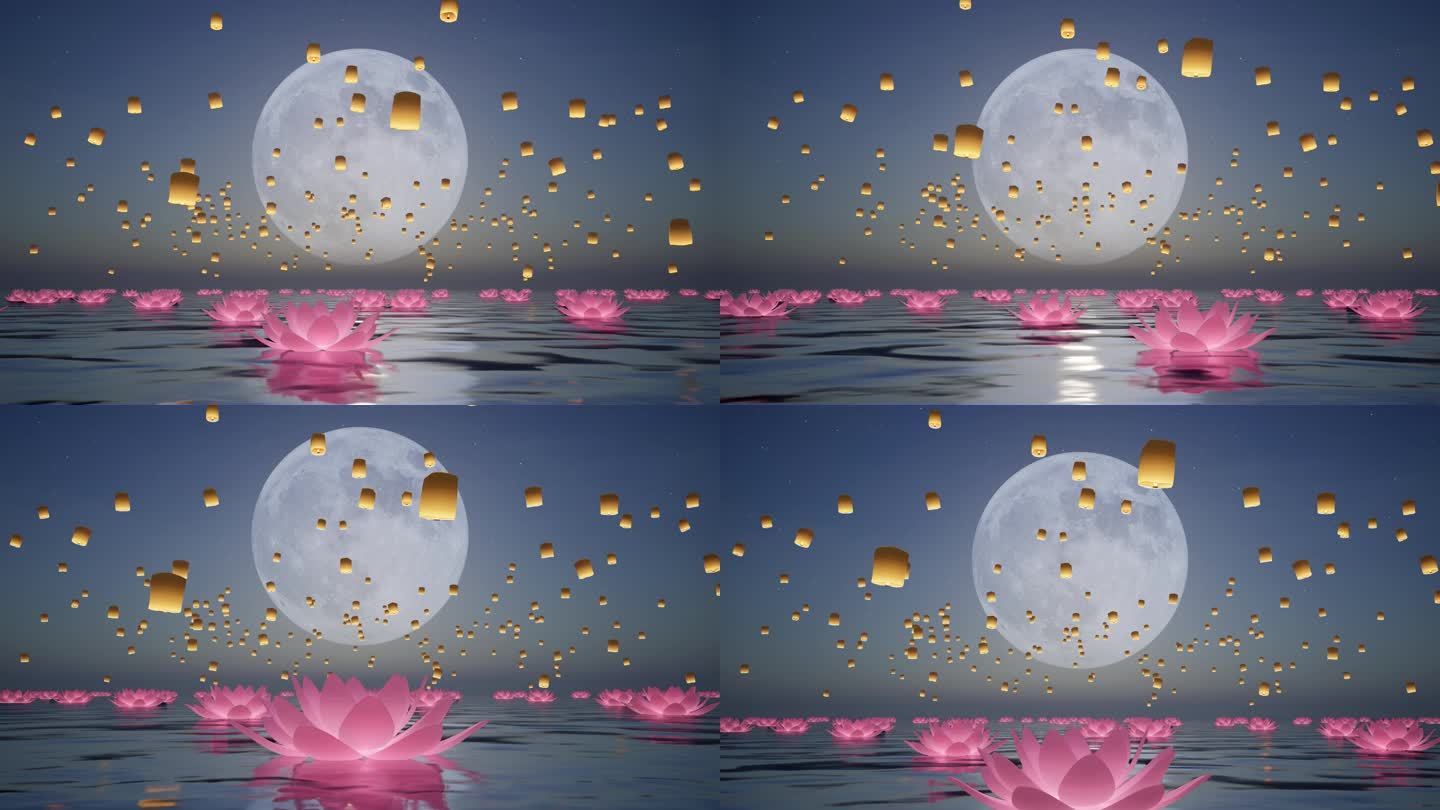 中秋节海上生明月放飞孔明灯舞台背景