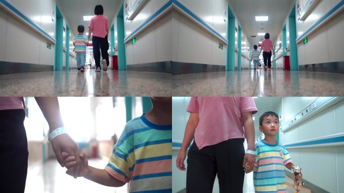 母子行走在医院走廊丨HD慢镜头