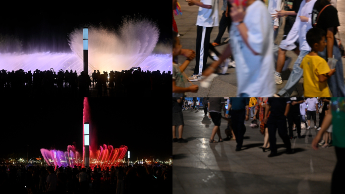 大连东港夜晚喷泉旅游人群景点步行游轮烟花