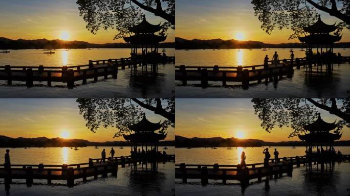 杭州西湖长桥公园延时拍摄落日晚霞