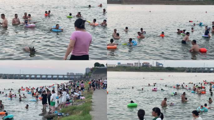 夏天沅江傍晚人群私自下河游泳纳凉河边浴场