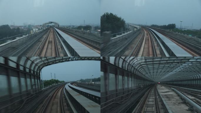 地铁轨道线路上穿梭镜头蜿蜒后退能看到铁轨