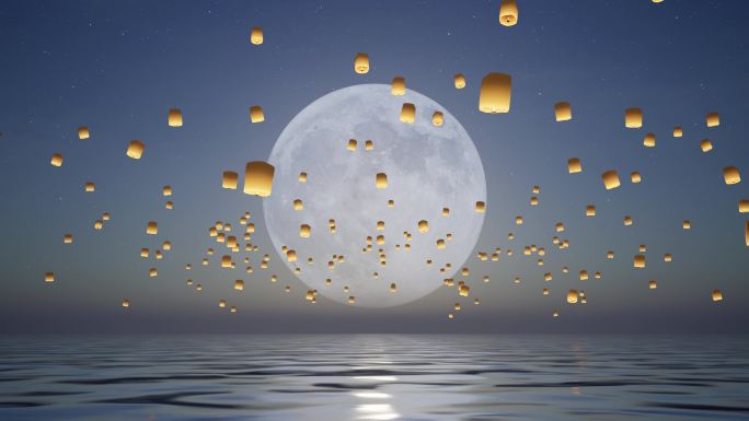 中秋节海上生明月放飞孔明灯舞台背景