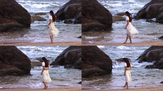 海边美女女模特海滩漫步