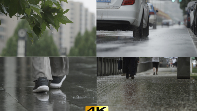 4K升格下雨的城市街道车流打伞的人背影