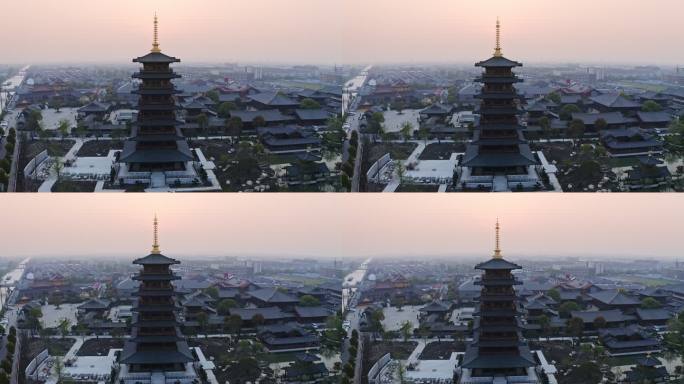 日落风光航拍上海宝山寺全景