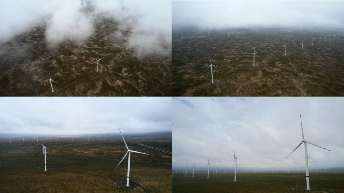 云层下草原戈壁风力发电机大风车航拍4K