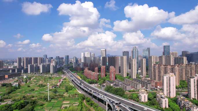 航拍临平新城蓝天白云