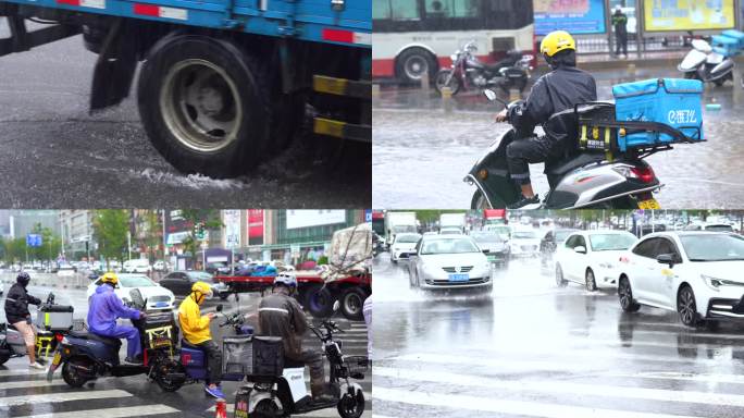 4K雨中外卖小哥 雨中城市 过马路人群