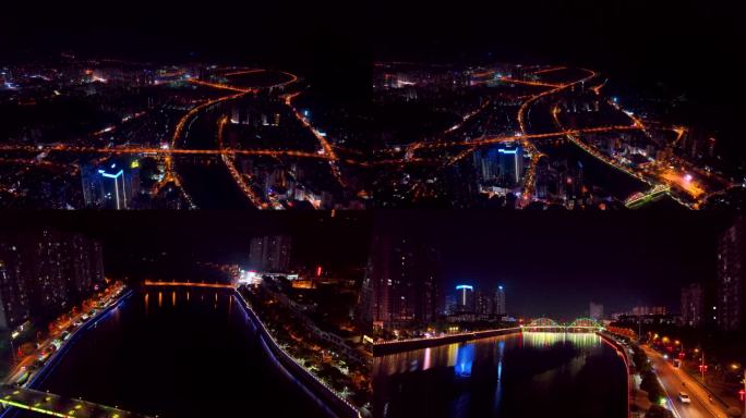 4K航拍长沙浏阳市城区浏阳河夜景6