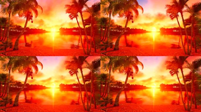 海南椰树海岛三维动画-火烧云彩霞