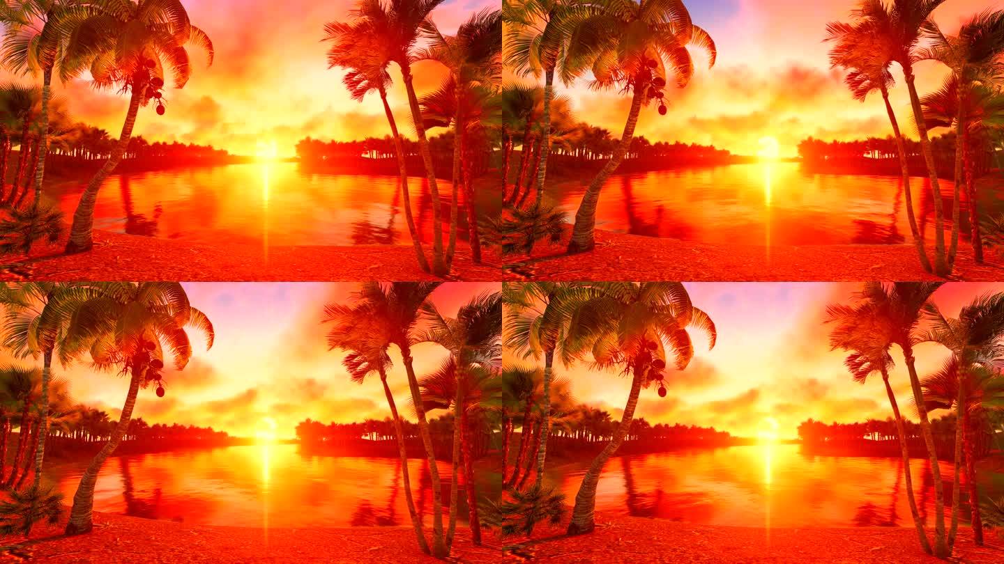 海南椰树海岛三维动画-火烧云彩霞