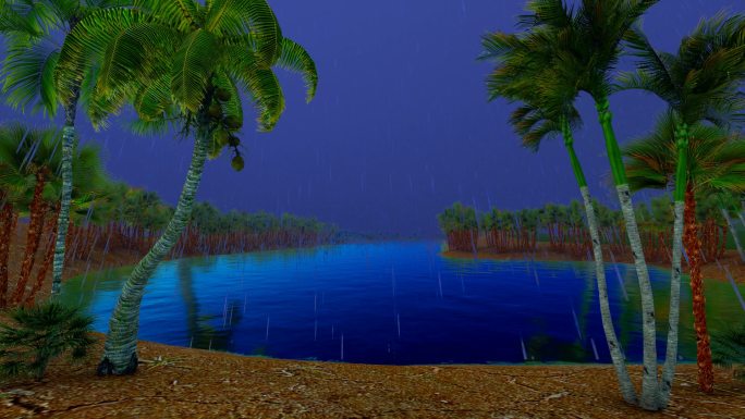 海南椰树海岛三维动画-雨景下雨