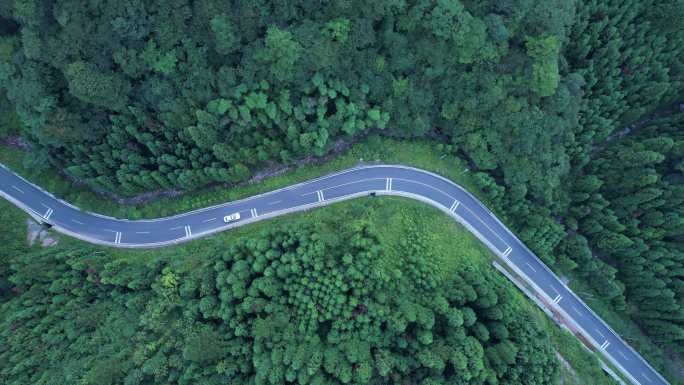 俯视山林蜿蜒公路白色行车