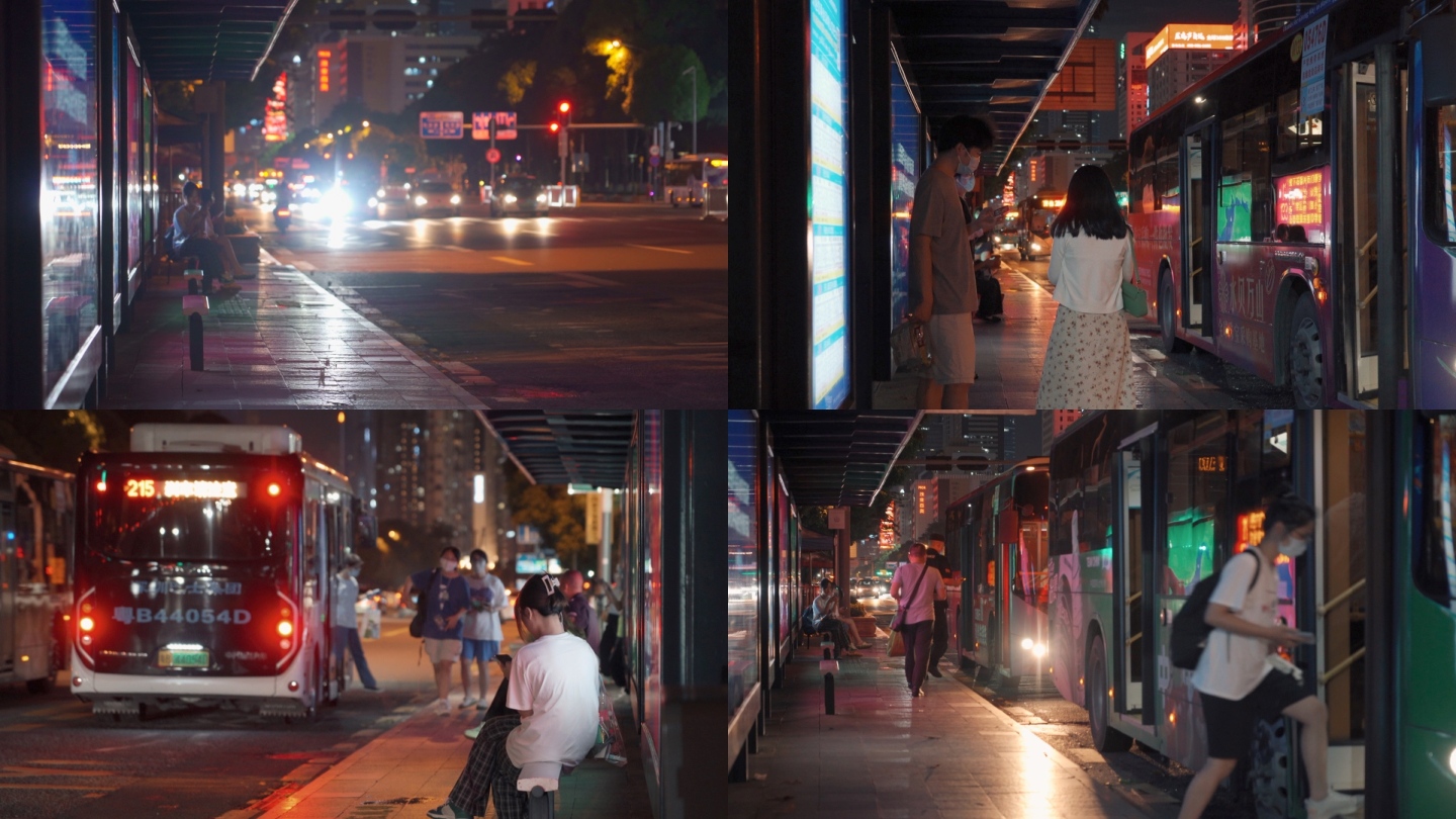 夜晚公车站等公车城市生活