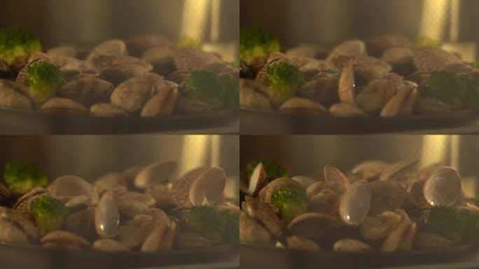 烤箱厨房延时花蛤贝壳从生到熟延时实拍